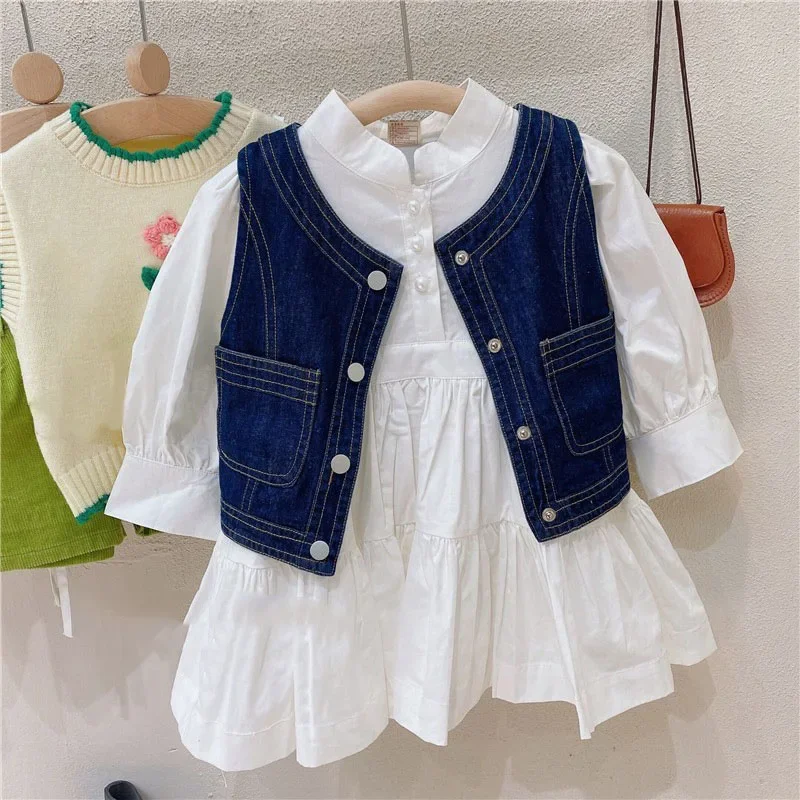 2025 Spring Autumn Girls' Clothing Sets Lady Style Long-Sleeved Children'S Suit Fashion Solid Color Dress+Denim Vest Kids Outfit