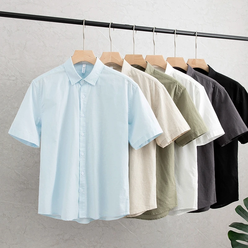 

Мужская льняная рубашка с коротким рукавом, тонкая, летняя, однотонная, дышащая, повседневная, с эффектом хлопка, молодежный тренд