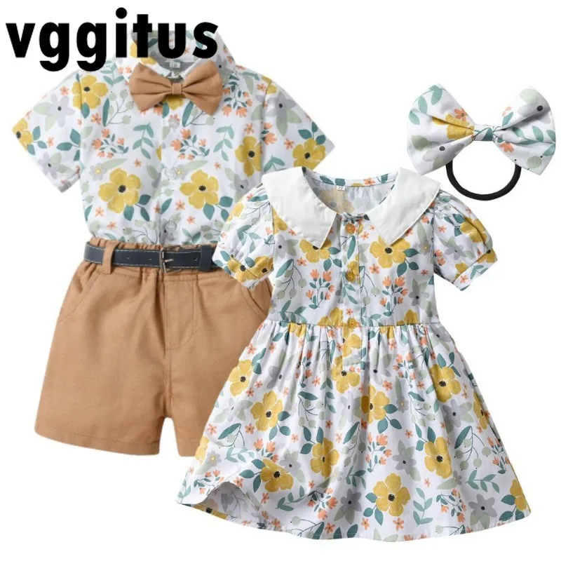 

Brother Sister Matching Outfit Summer Boys Girls Short Sleeved Shirt Shorts/Belt Dress Headwear Parent Child Clothing H2126-0373