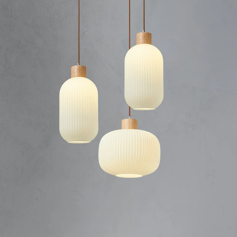 Japanese Rotundity/oval White Glass Pendant Lights Retro Bedroom Living Room Restaurant Bedroom Chandelier Wooden Hanging Lamps