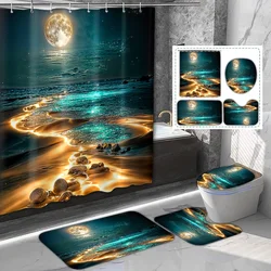 4-piece set of Star River Moon pattern waterproof shower curtain with 12 hooks,printed curtain, bathroom floor mat