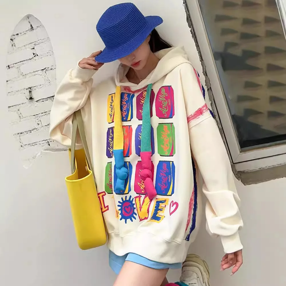 European Goods Graffiti Creative Design Oversized Hooded Sweatshirt for Women 2024 Spring Autumn Mid-Length Sweatshirt Hoodie