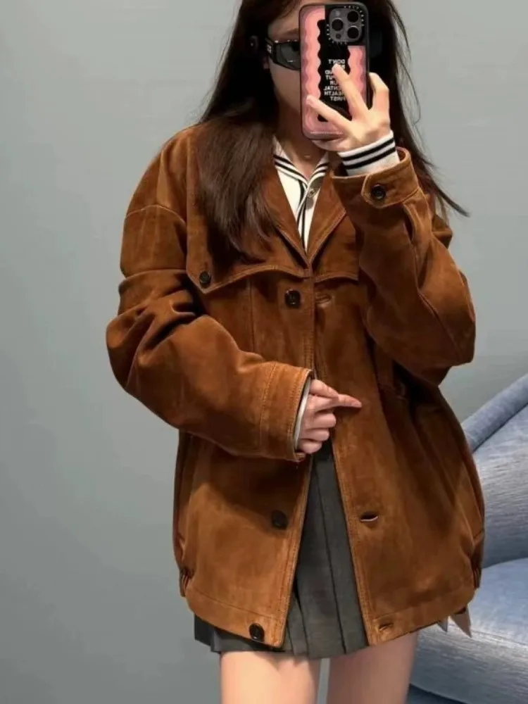 Jaket kulit domba asli wanita, jaket kulit asli Suede longgar kerah sebaris, mantel kasual Vintage musim semi musim gugur