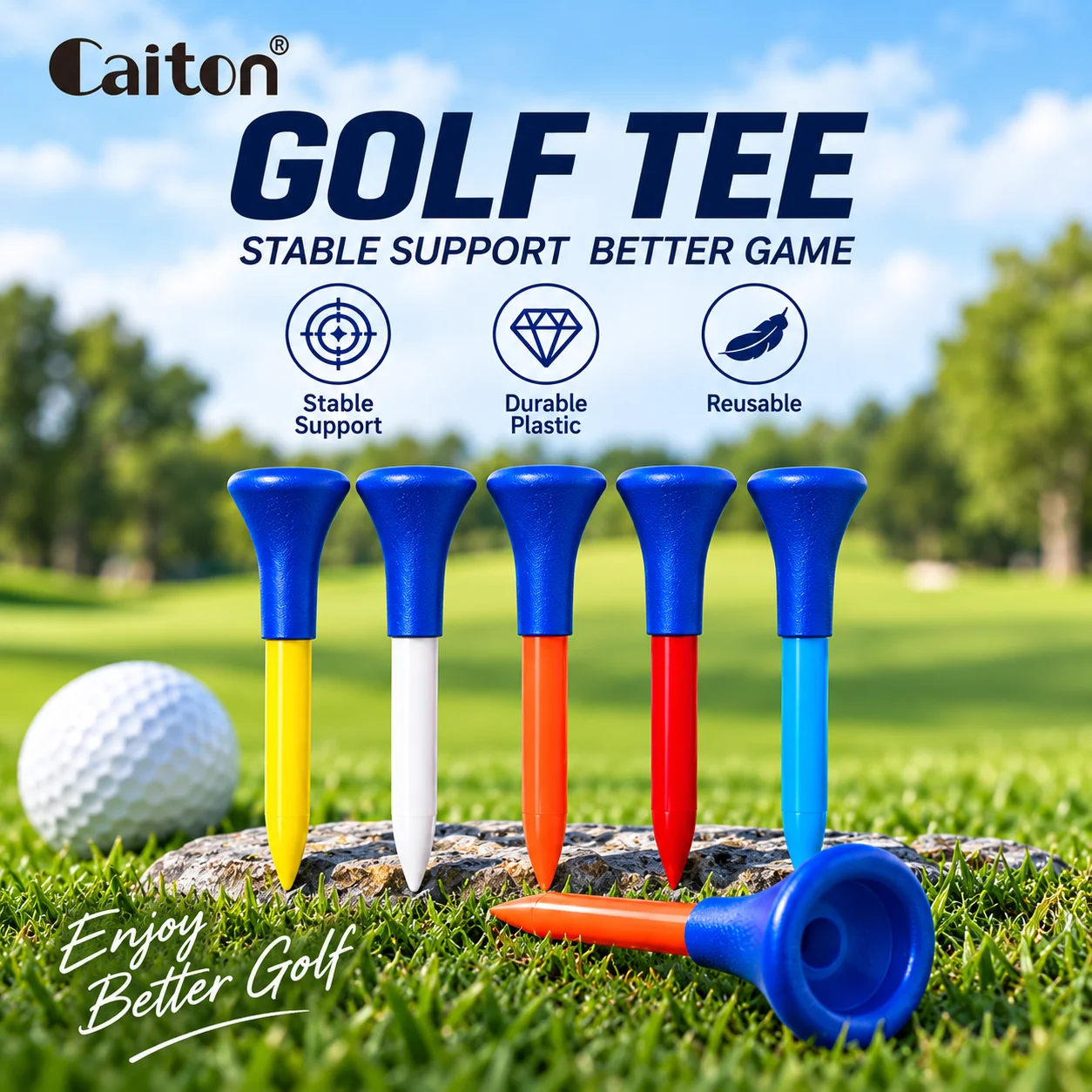 Caiton Golf Tees 5 Pack Plastic Reusable Golf Tee Set Assorted Colors Wide Cup Top Short Medium Long X Long for Driving Range