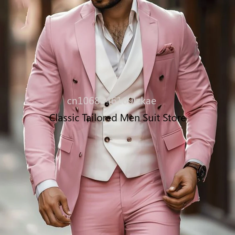 

Luxury Notch Lapel Double Breasted Suits for Men Pink 3 Piece Jacket Pants Vest Male Clothing High Quality Slim Fit Blazer Sets