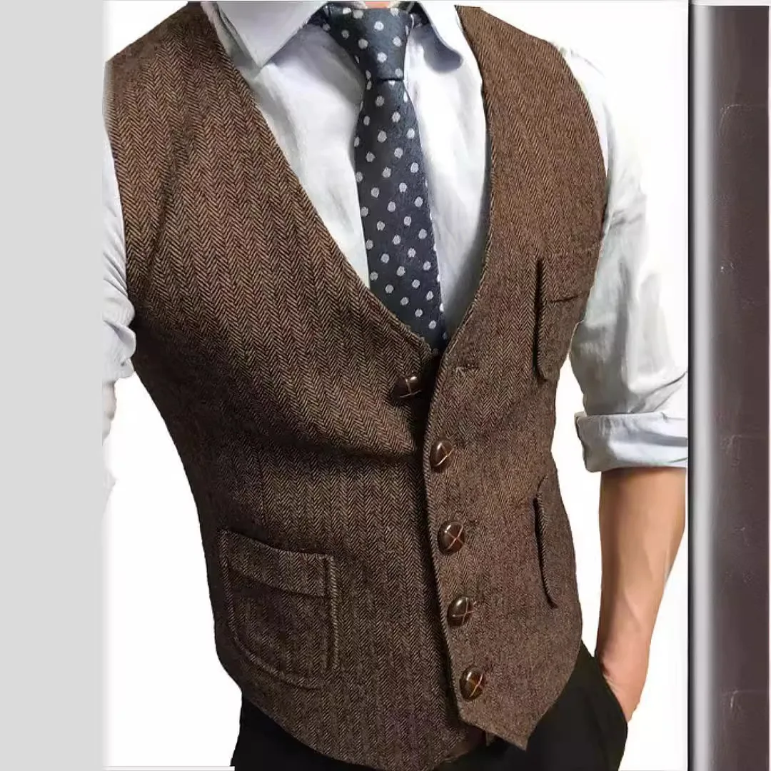 Plus Size Men's Suit Vest Wool Tweed Herringbone Pattern Seasonal Waistcoat Grooms Groomsman Uniform Work Commuting Wear