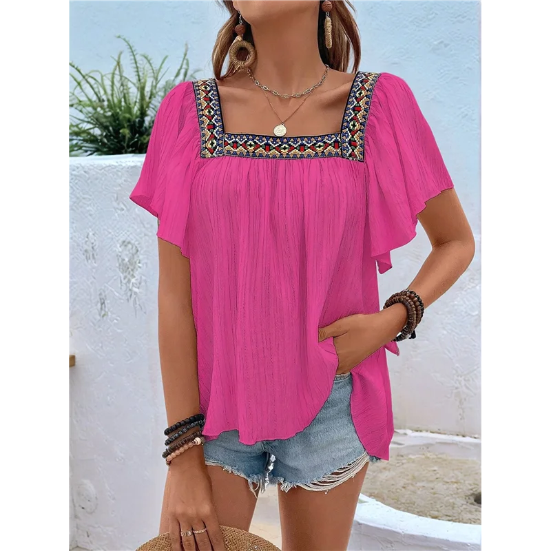 【Party-Decoration】Mexican Shirts For Women Boho Embroidered Short Butterfly Sleeve Square Neck Loose Blouses Tees