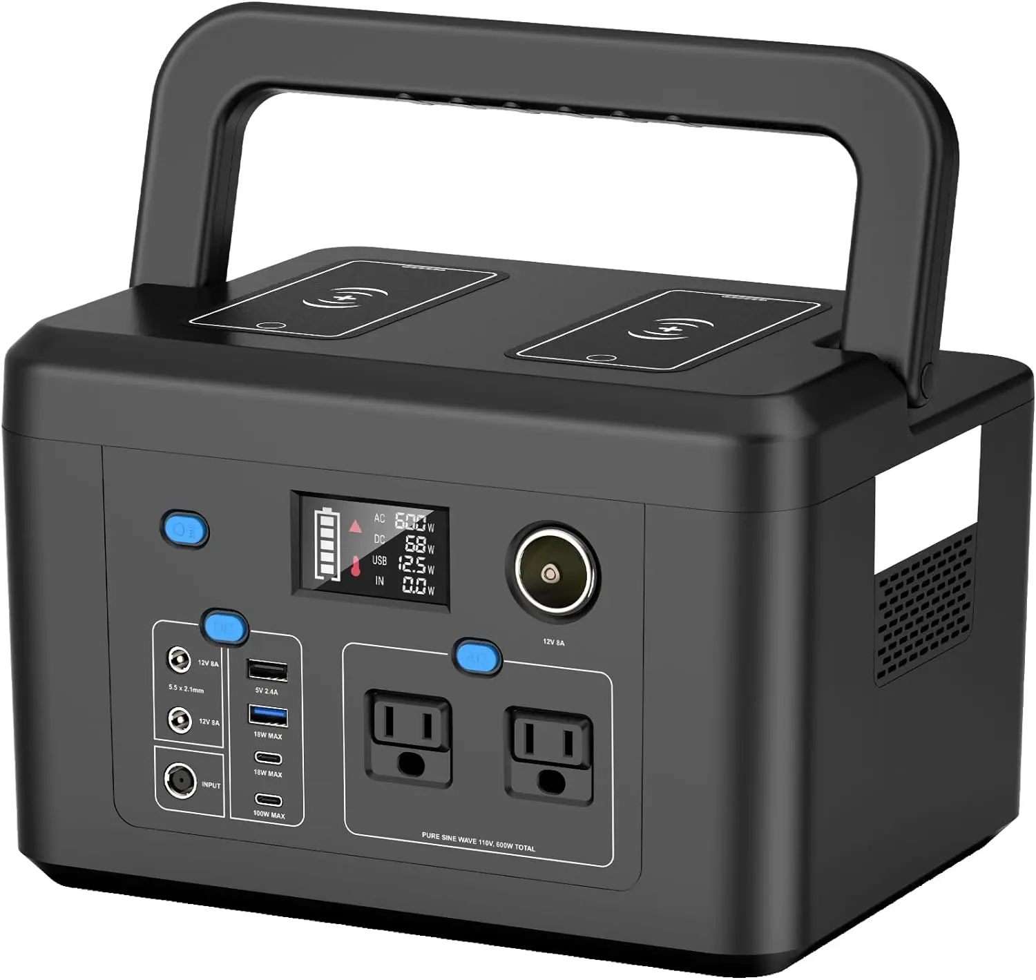 

Portable Power Station 600W, Powkey 296Wh Battery Backup with 2 Pure Sine Wave AC Outlets, USB-C PD100W and 2 Wireless Chargers