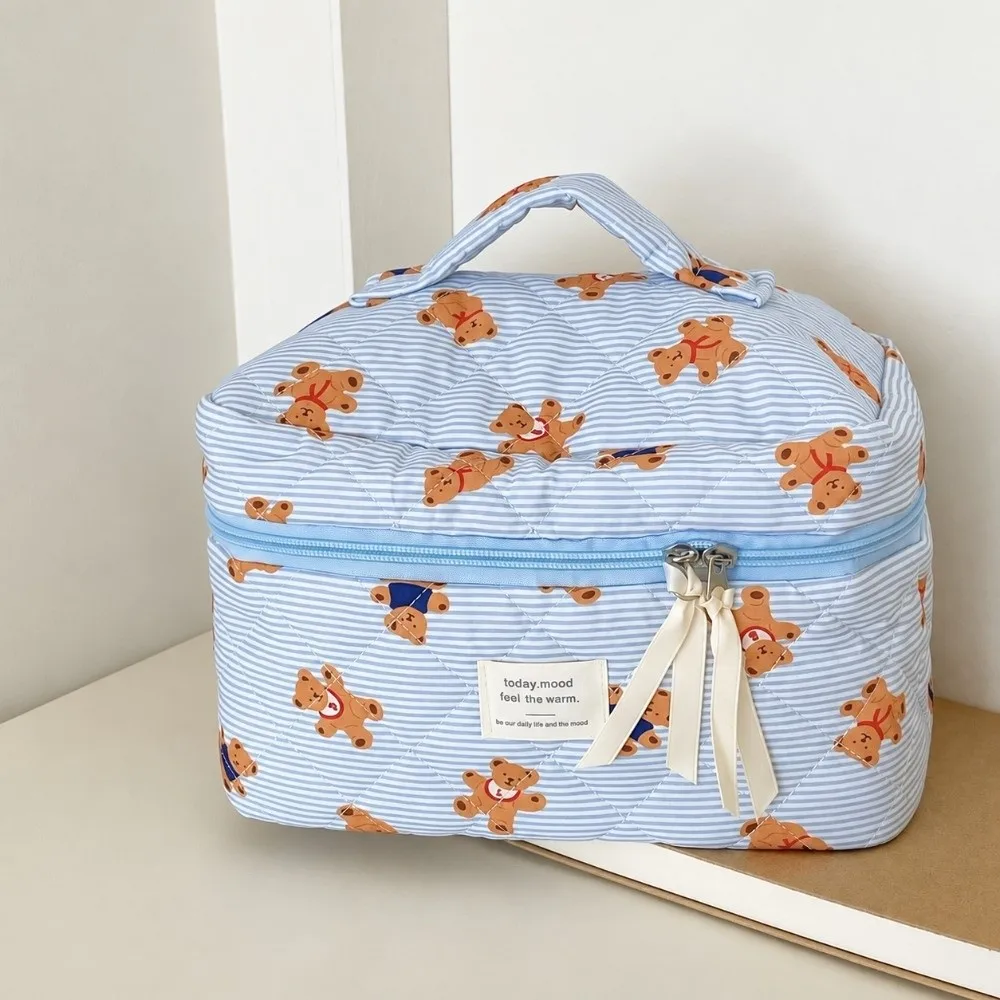 3PCS Multi-Layer Quilted Cotton Makeup Bag Large Capacity Soft Toiletry Pouch Zipper Portable Cartoon Cosmetic Organizer