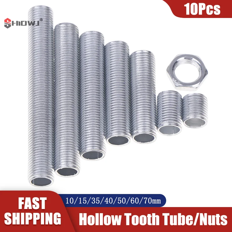 10Pcs M10 Lamp Tooth Tube Metal Hollow Threaded Tube Screw Nut Lamp Cap Galvanized Chandelier Connect Rod Link Fixed Base