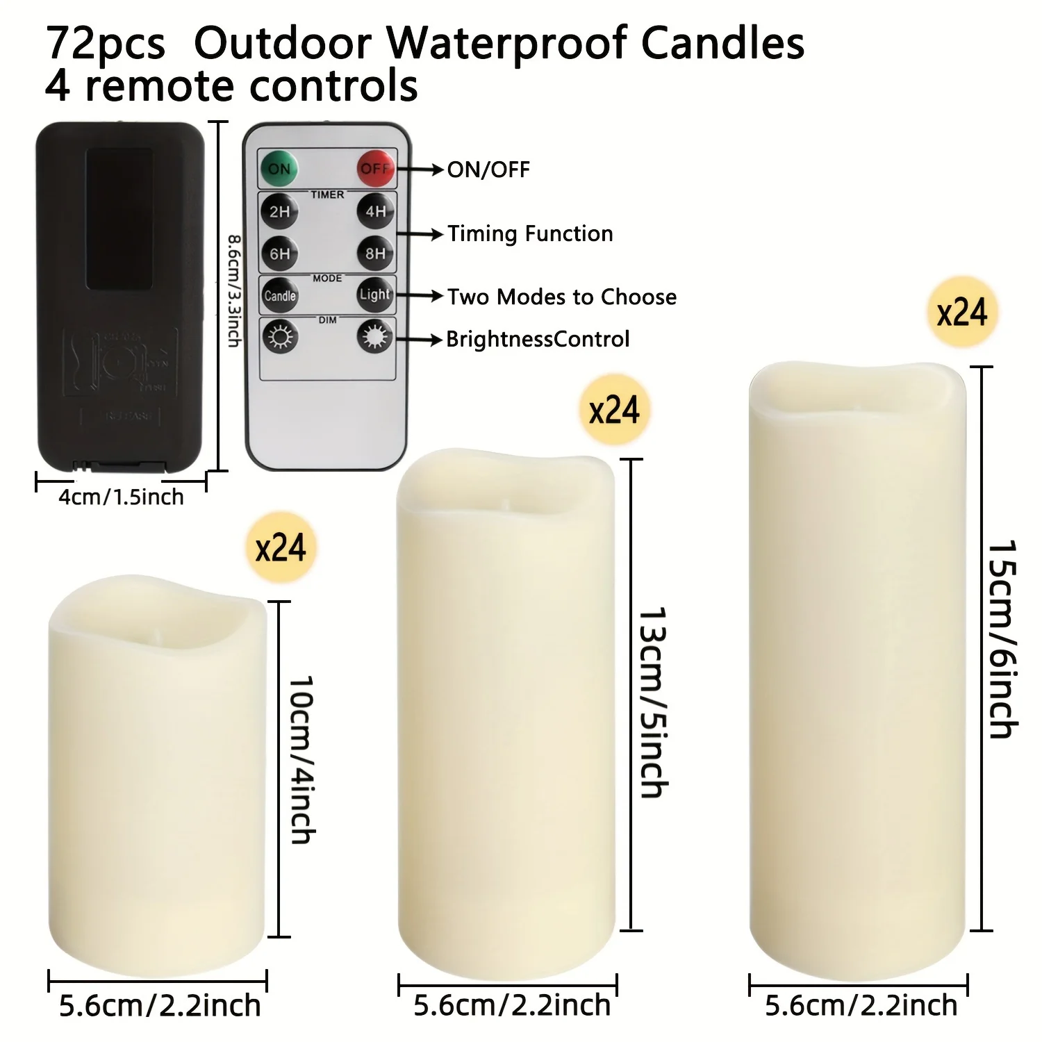 Wodoodporne świece LED 24/12 z 4 pilotami i timerami (wysokość 4 cale 5 cali 6 cali x głębokość 2,2 cala)