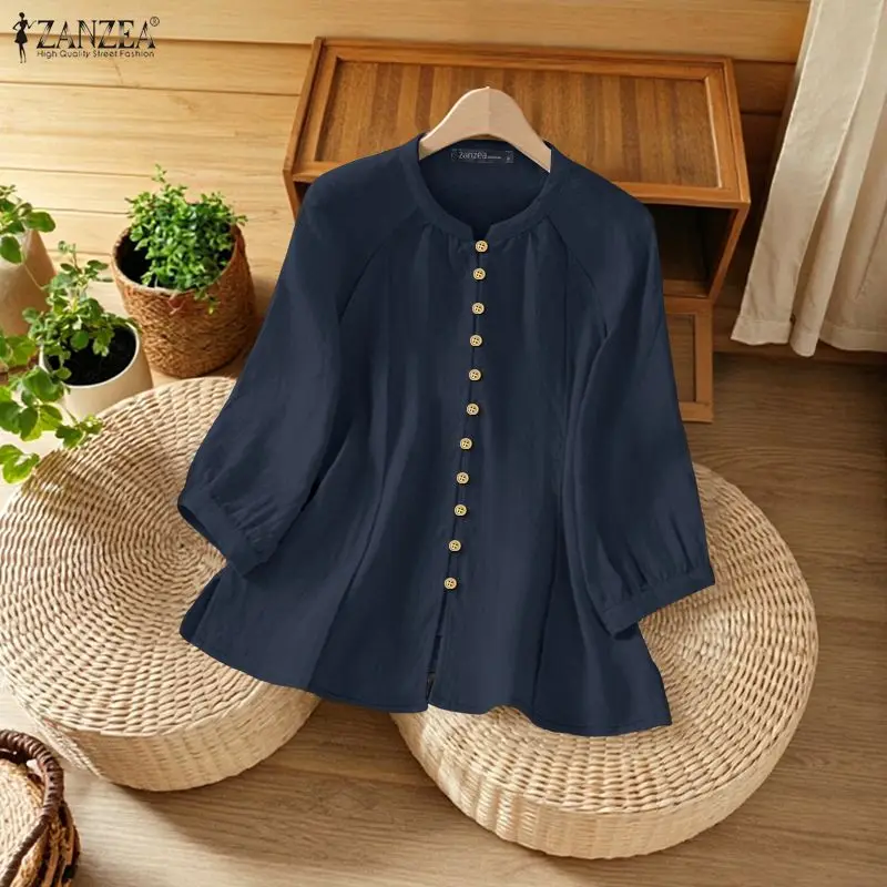 ZANZEA Women Vintage Cotton Tops Autumn Blouse Summer Solid Color O-Neck 3/4 Sleeve Button Down Shirt Female Loose Work Blusas