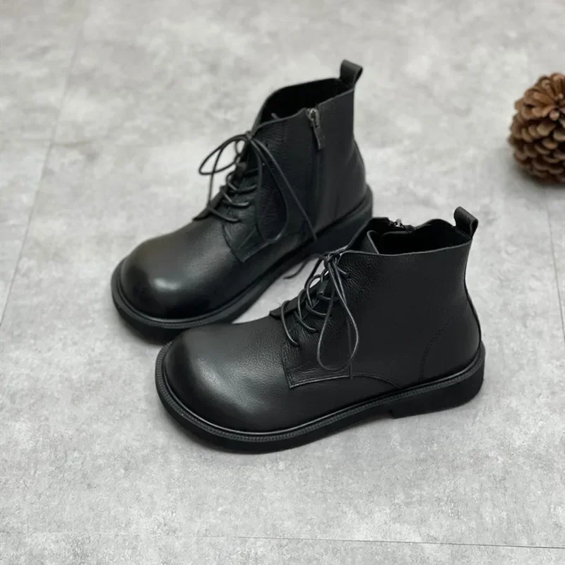 Wide Toe Shoes Handmade Genuine Leather Women\'s Boots Soft Bottom Side Zipper Casual Boots