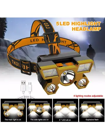 1pcs Rechargeable Headlamp, Portable 5LED Headlight Torch, Portable Working Light, Fishing Camping Head Light For Travel, Campin