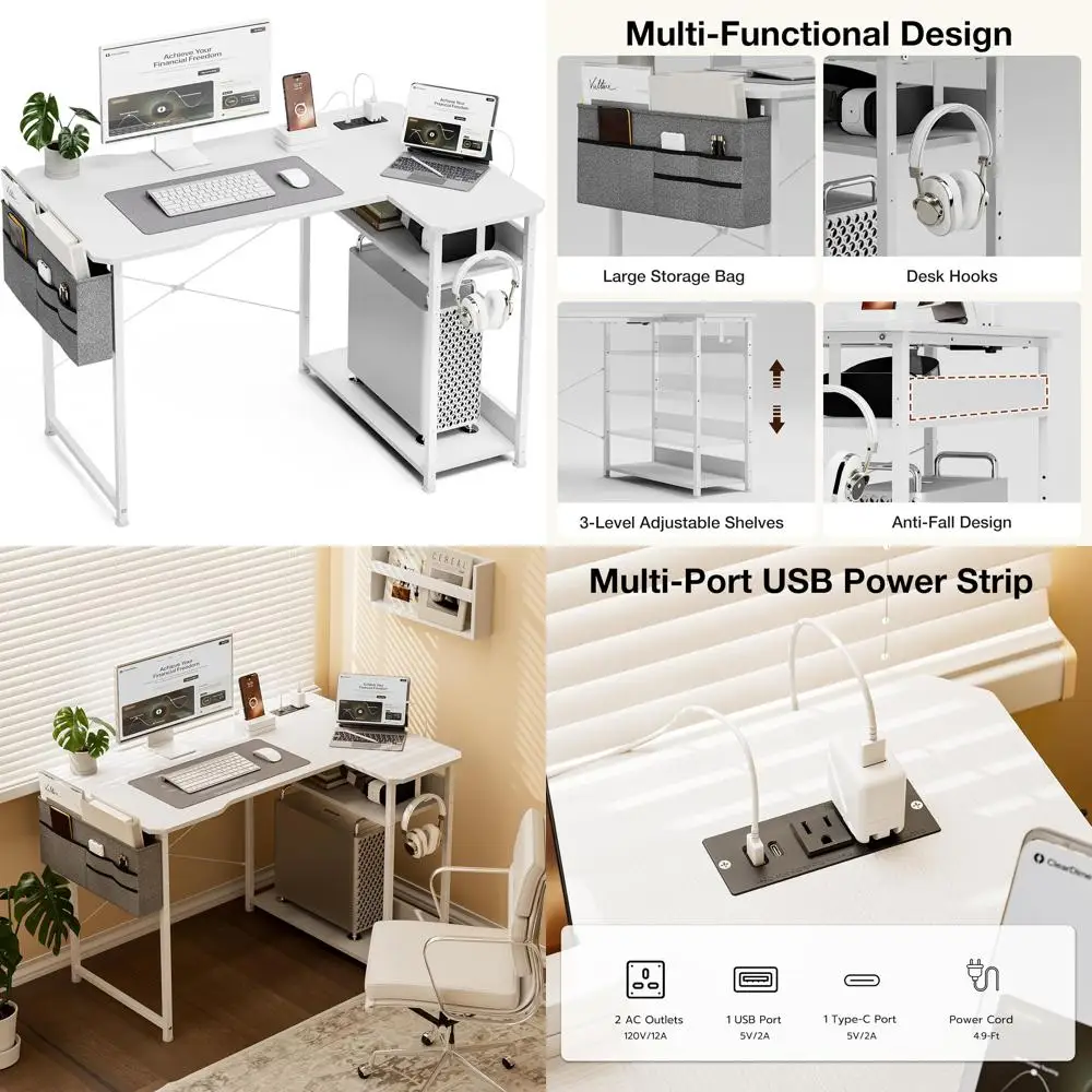 

Г-образный игровой стол с розетками, 40-дюймовый стол с двусторонними полками и решениями для хранения для оптимального компьютерного угла