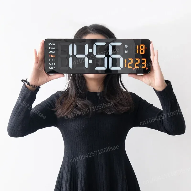 

13/16 Inches Large LED Digital Wall Clock ,Wall Mounted Remote Control Temperature Date Week Display Timer Dual Alarm Clock