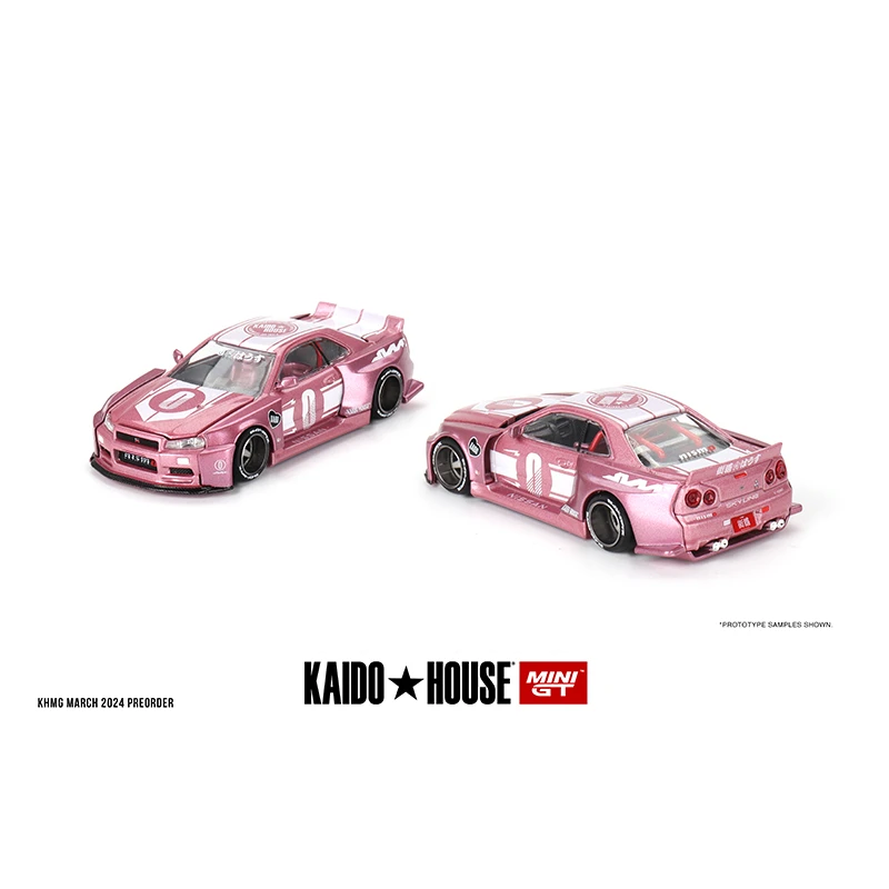 MINIGT KHMG128 In Stock 1:64 Skyline GTR R34 Racing Factory V1 Pink Openable Hood Diecast Diorama Car Model Kaido House