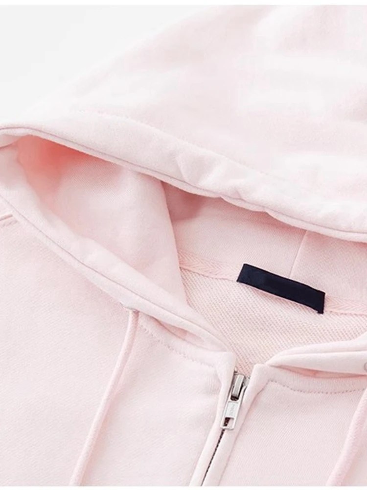 PUED Casual Women Pink Solid Loose Sweatshirts 2023 Autumn Sweet Pocket Hooded Long Sleeve Coats Female Chic Zipper Outwears