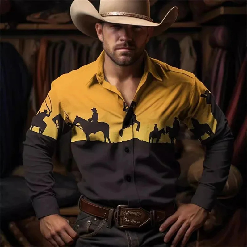Western-style men's 3D vintage printed shirt, color-blocked patchwork, long-sleeved, collared, casual and versatile men's top.