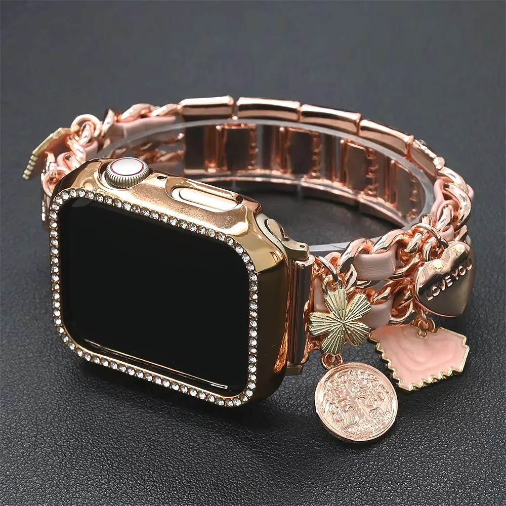 Женский роскошный ремешок для Apple Watch Ultra2 49 мм 10 46 мм 42 мм и чехол для IWatch Series 9 8 7 41 38Se Кожа + ремешок из нержавеющей стали