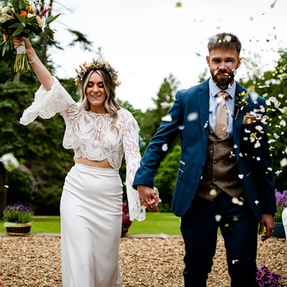 Duas peças bainha cetim vestido de casamento, mangas longas Batwing, recorte Lace Crop Top, gola redonda, personalizar vestidos de noiva, plus size