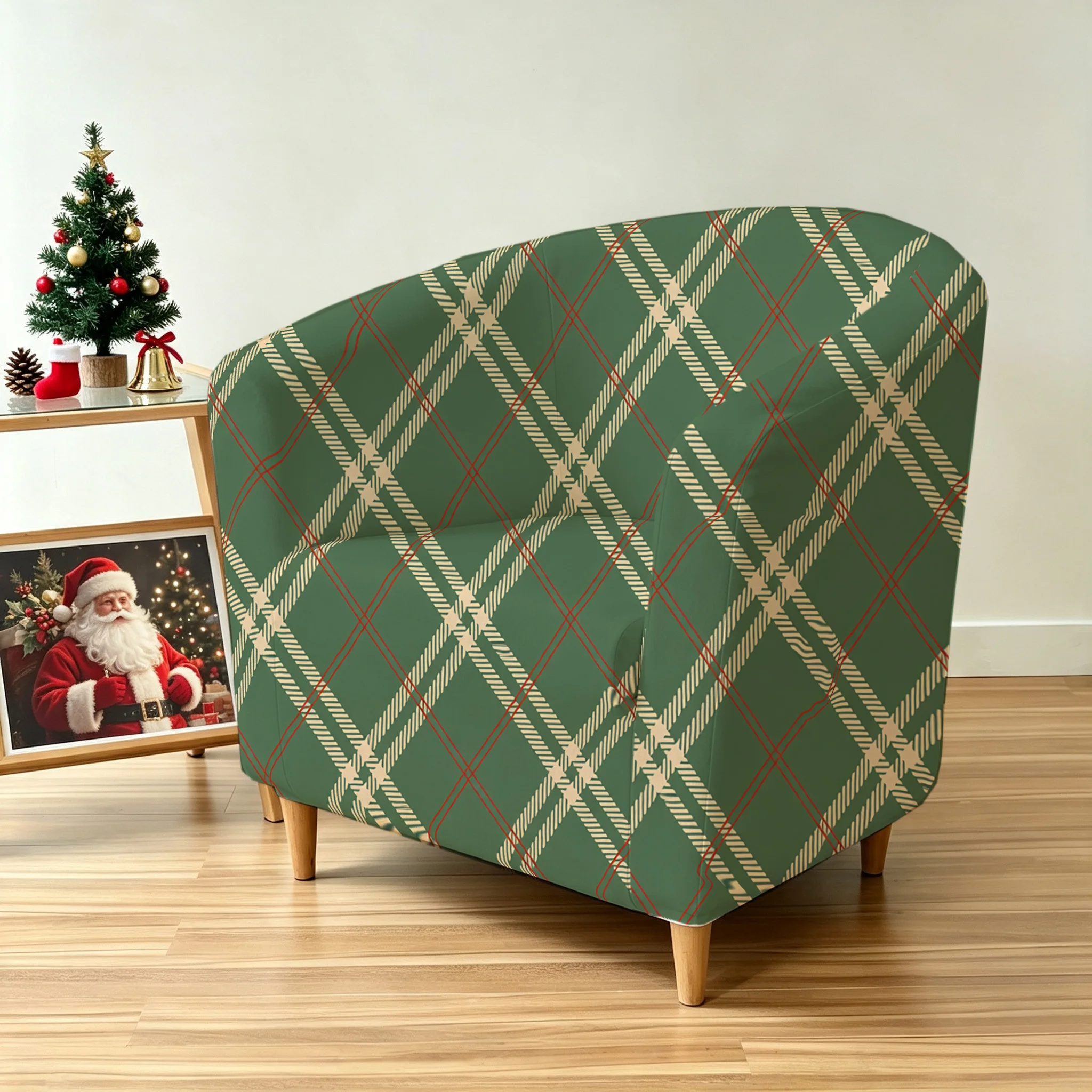 Classical Christmas seamless tartan plaid printed armrest sofa cover, 2D printed green-red elastic single club sofa cover