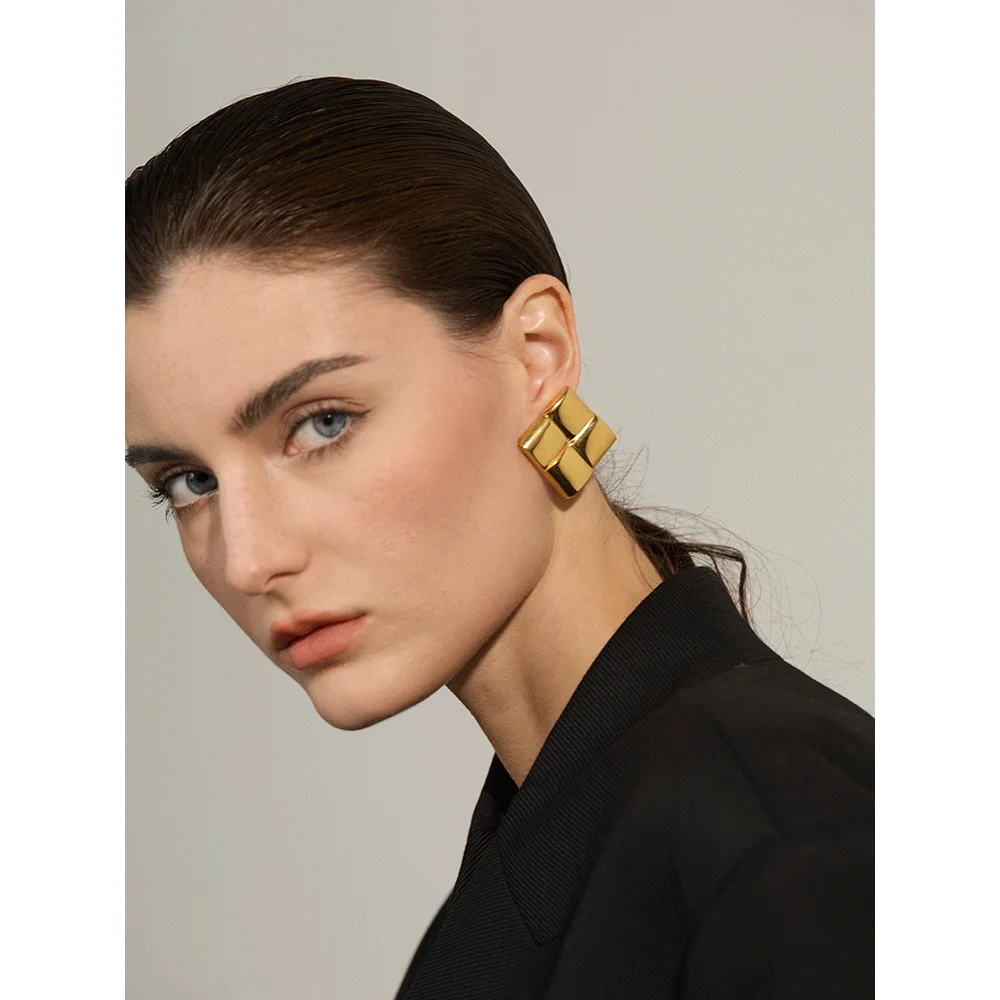 Yhpup High Quality Stainless Steel Metal Square Statement Stud Earrings Waterproof Personalized Texture Charm Jewelry for Women