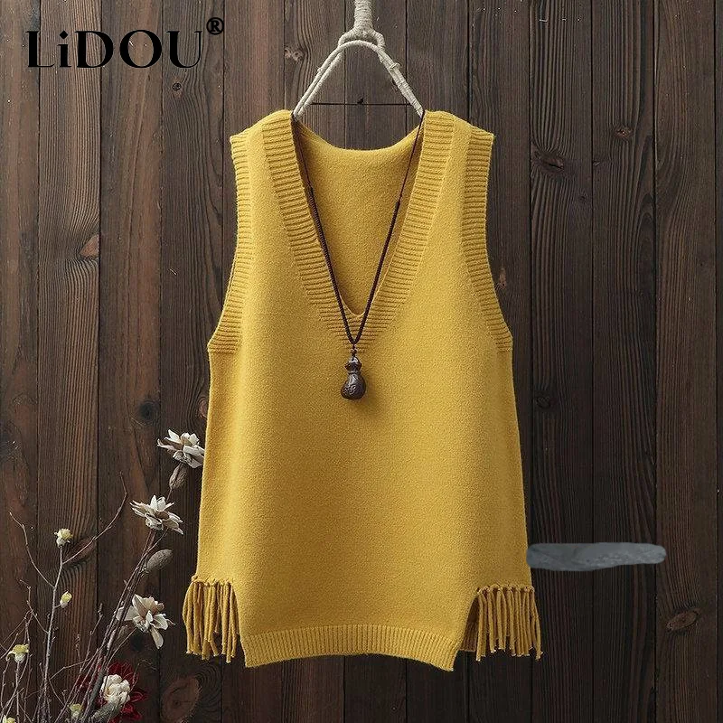 Spring Autumn V-neck Sweater Vests Women Solid Color Screw Thread Tassel Knitting Sleeveless Pullovers Fashion Women's Clothing