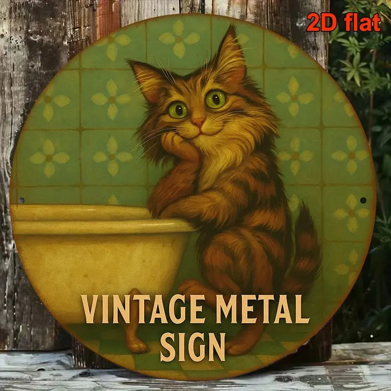 Plaque décorative vintage en aluminium 2D plate et ronde, motif « Chat », « Contemplation du chat », idéale pour