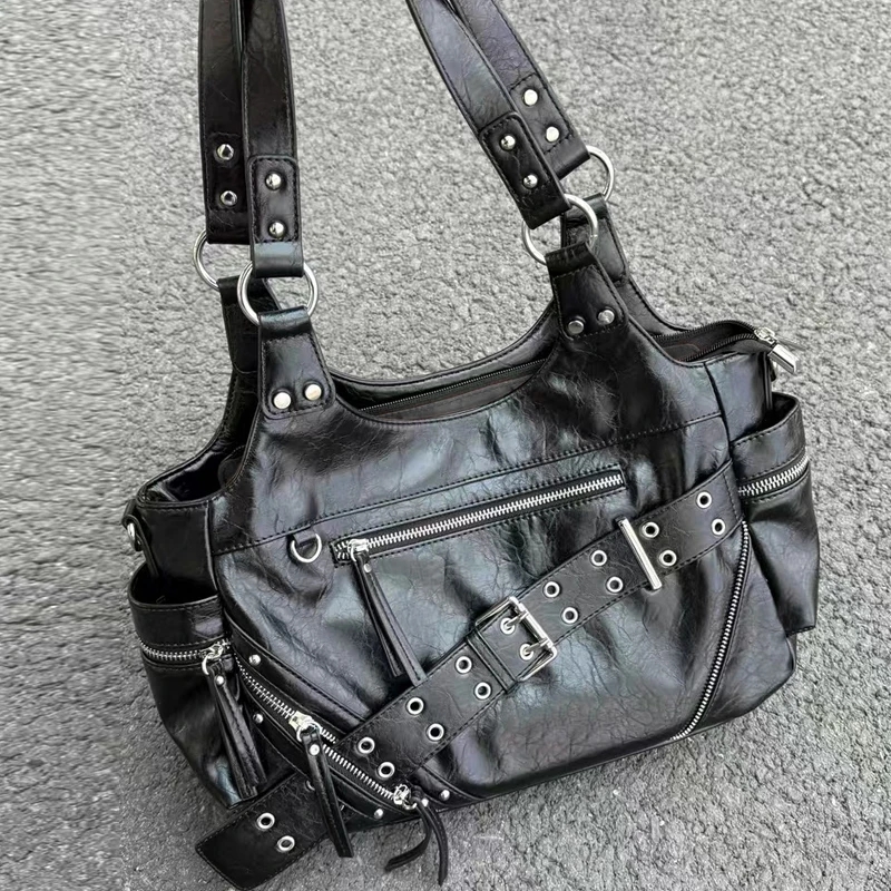 

Moto & Biker Bags For Women Luxury Designer Handbag Purses 2026 New In PU Riveted Belt Buckle Multiple Pockets Underarm Shoulder