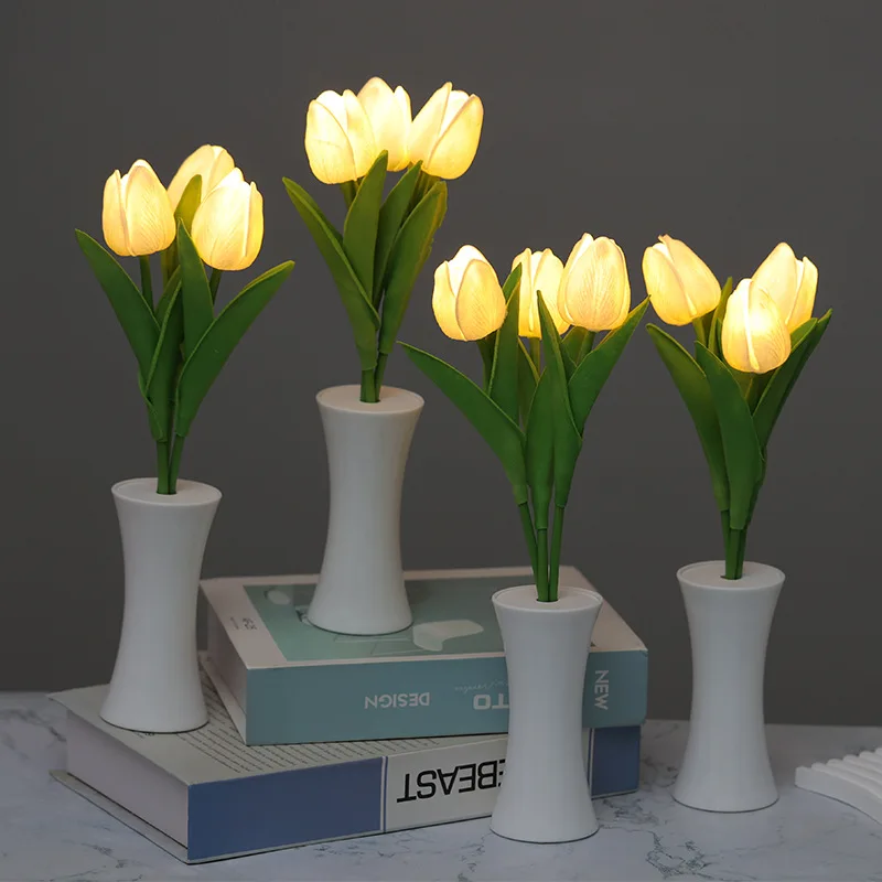 Lámpara LED de noche de tulipán, ramo de flores de simulación, lámpara de escritorio para dormitorio, lámpara de mesita de noche, decoración de ambiente