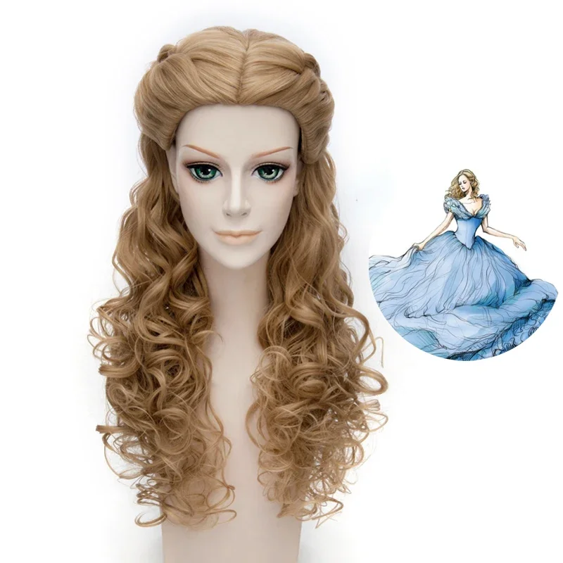 Anime 65cm Blonde Mix Wavy Long Central Part Styled Synthetic Hair Cosplay Full Wigs For Women Princess Cinderella Wig