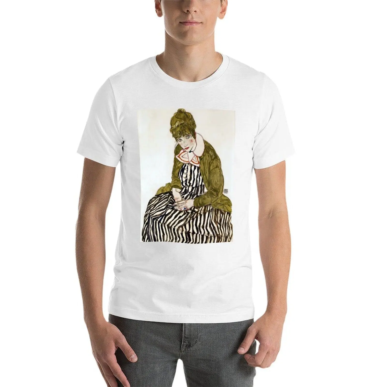 Egon Schiele Edith with Striped Dress, Sitting T-Shirt t shirts with prints t shirt for man T-Shirt