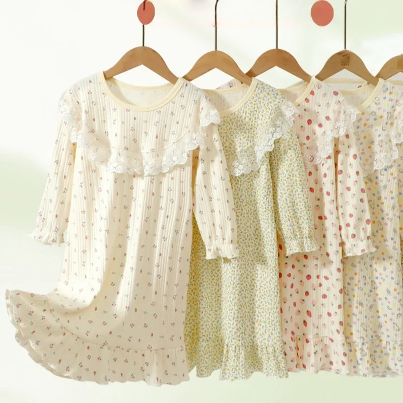 

Kids Girls Cotton Floral Nightgown Spring 3-10Y Children's Pajamas Long Sleeve Soft Breathable Daily Sleep Dress Loungewear