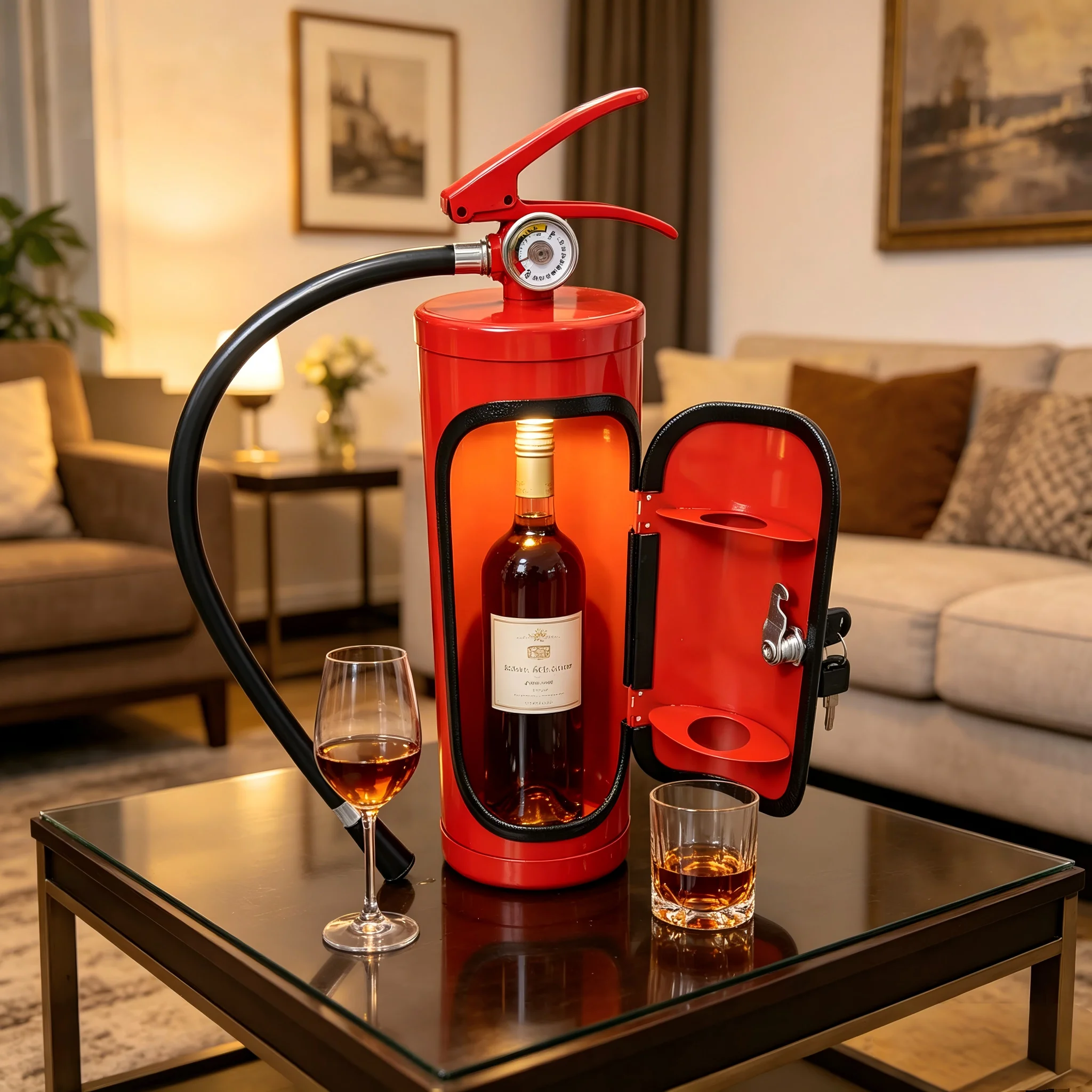 Decorative Fire Extinguisher Wine Bottle Holder, Metal Wine Box with Key Lock, Fun Bar Accessory for Countertop Home Decor