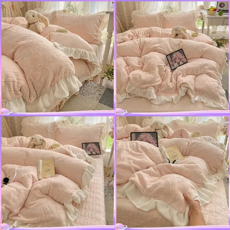 Korean version thickened full extinction engraved fleece milk fleece four-piece set princess style lace padded bed cover