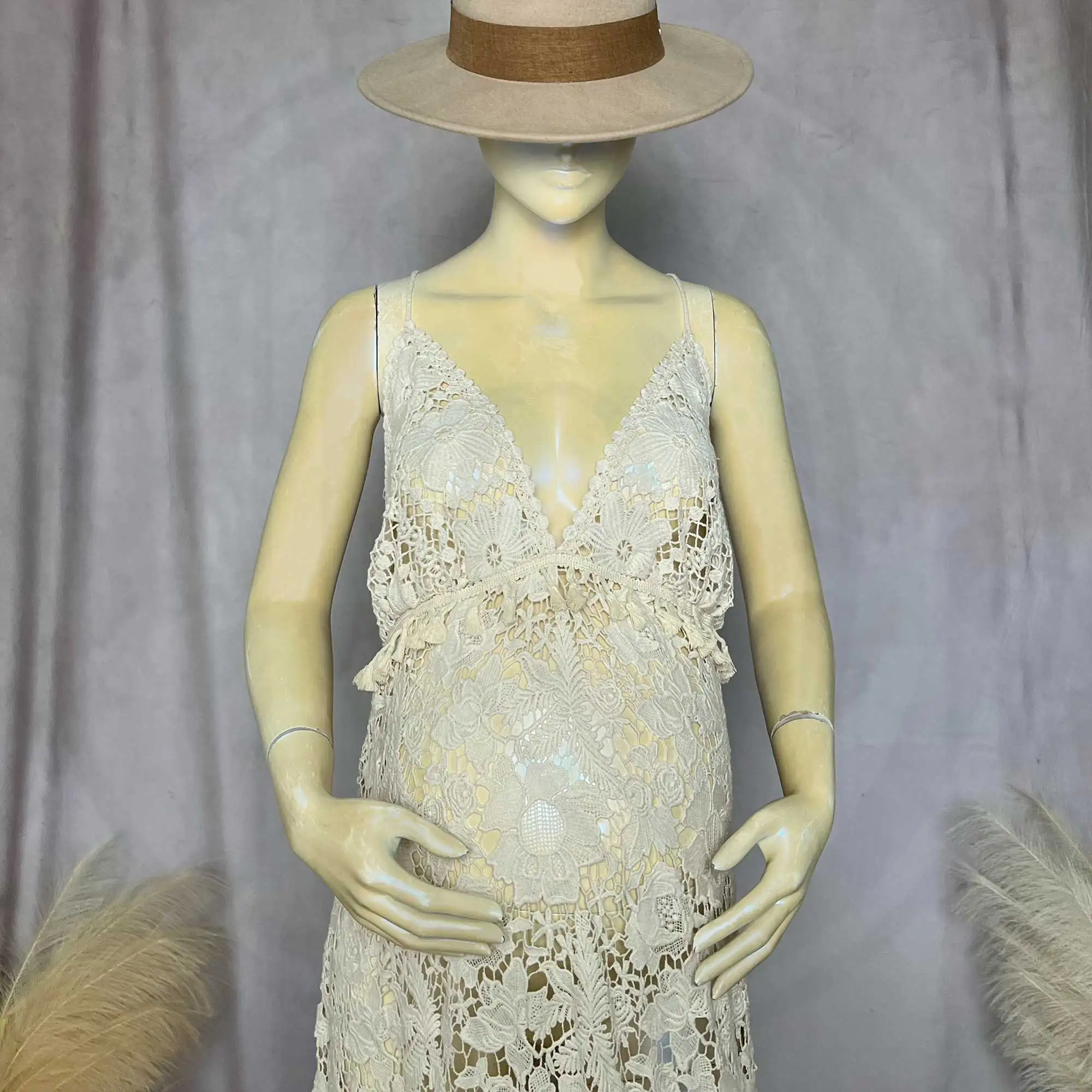 Don&Judy V-neck Spaghetti Strap Side Slit Dress Boho Sexy Photo Pregnant Women Baby Shower Shoot Photography Prop Clothing