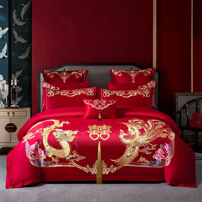 Luxury Gold Dragon Phoenix Embroidery Red Chinese Wedding Cotton Bedding Set 4/6/8Pcs Quilt/Duvet Cover Bed Sheet Pillowcase