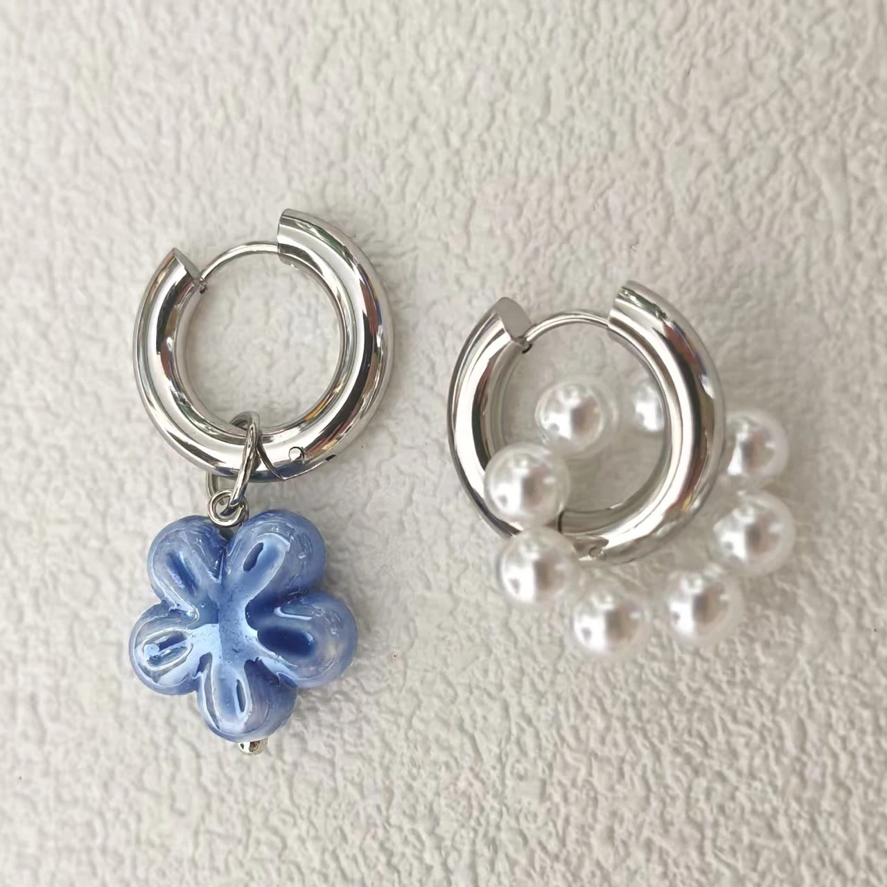 LATS Vintage Personality Imitation Pearl Blue Color Ceramic Flower Drop Earrings for Women Asymmetric Two Wears Wedding Jewerly image 5