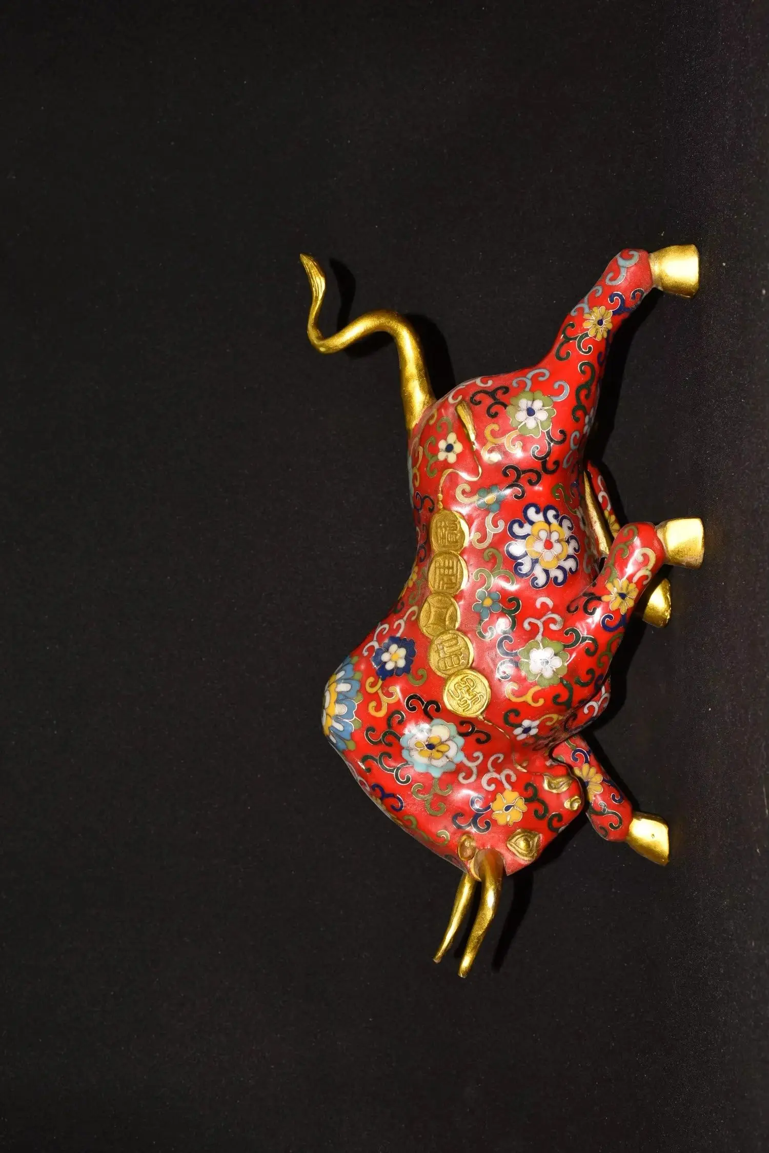 

14"Tibetan Temple Collection Old Purple Bronze Cloisonne Enamel Bull Statue Bullish Wealthy Cow Amass wealth Ornaments