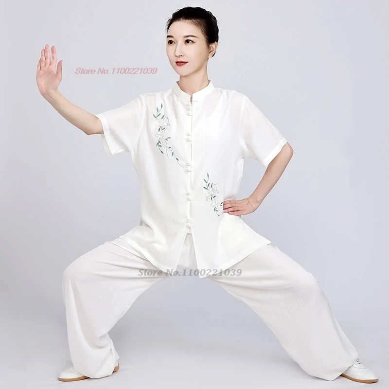 2026 chinese kung fu tai chi martial arts set flower embroidery uniform stage performance cotton linen taiji wushu wing chun set view 4