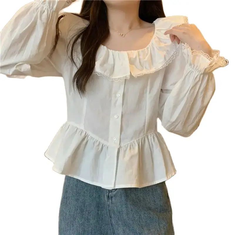 Shirt Doll Collar Ruffled Pure Cotton Spring Style Sweet Age-Reducing Loose Slimming Super Fairy White Shirt