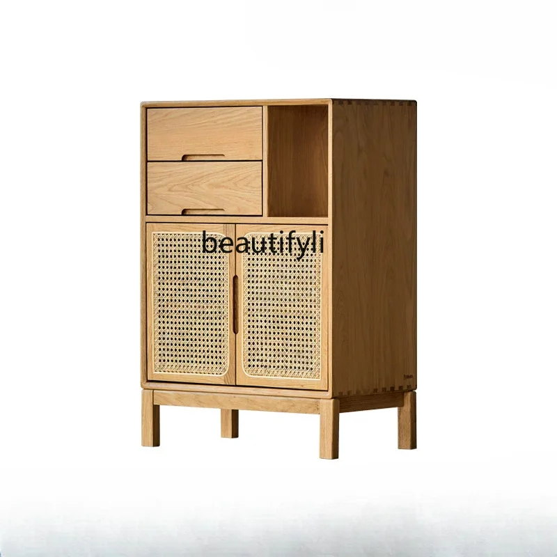 

Solid Wood TV Side Cabinet Nordic Oak Clothes Closet Modern Minimalist Living Room Rattan Locker