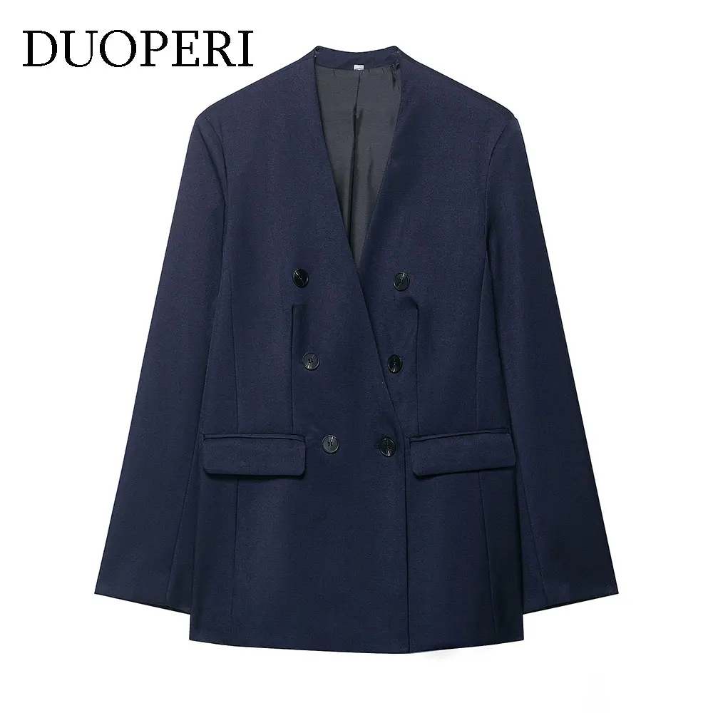 

DUOPERI Women's Navy Blue Blazer Fashion With Pockets Double Breasted Long Sleeves V-Neck Female Office Lady Outfits