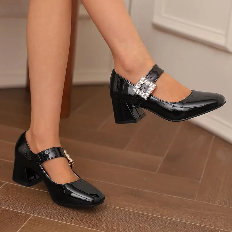 REAVE CAT Fashion Women Pumps Toe Block Heel 5cm Buckle Strap Shallow 46 47 48 Office Shoes Spring