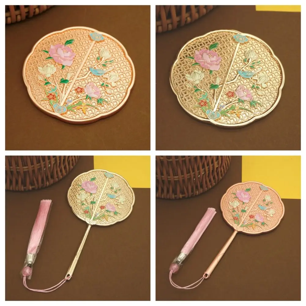 Portable Vintage Chinese Style Mirror 3D Flower Exquisite Handle Makeup Mirror Makeup Tool Sweet Round Vanity Mirror Makeup