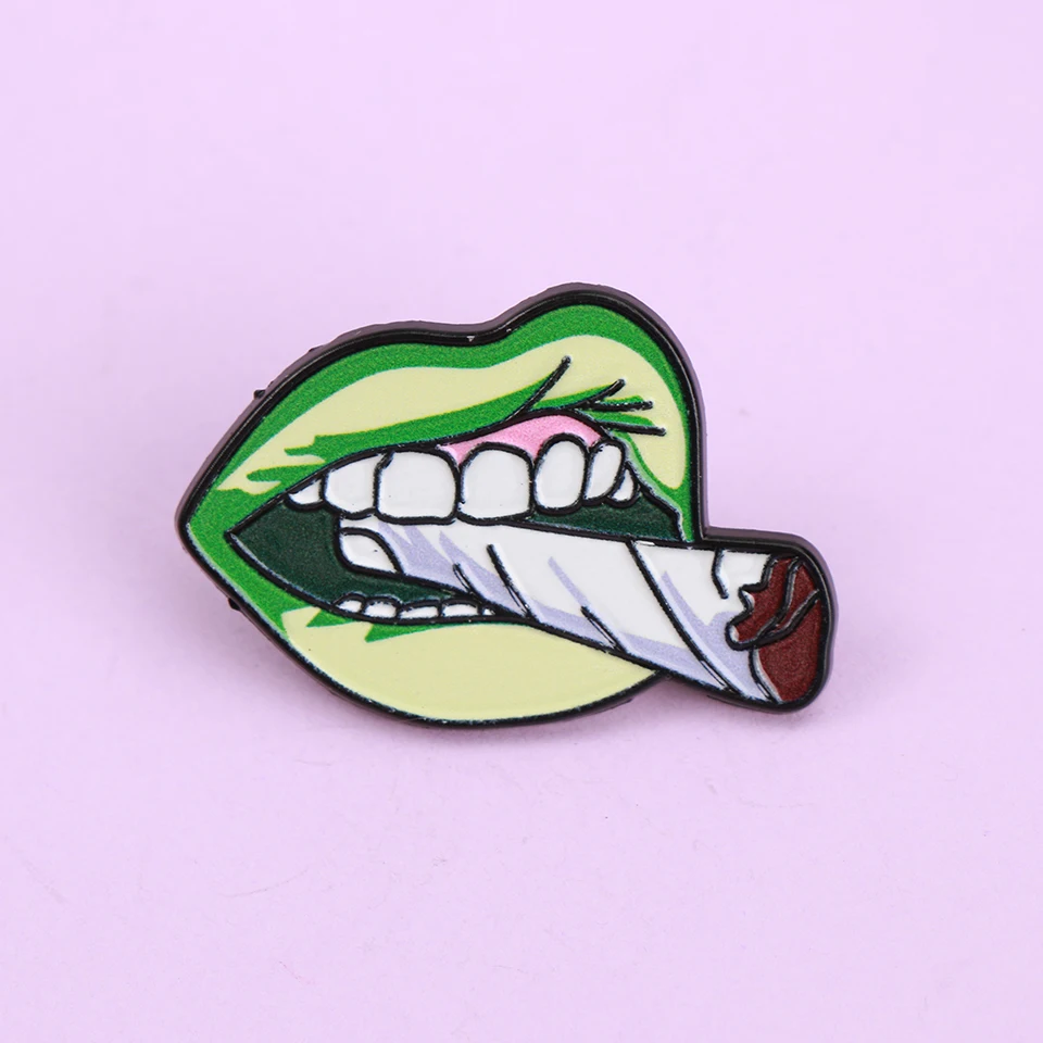 Cartoon cigarette with green lips Enamel Metal Funny Lapel Pins Brooches Badges Backpack Clothing Accessories Wholesale Jewelry