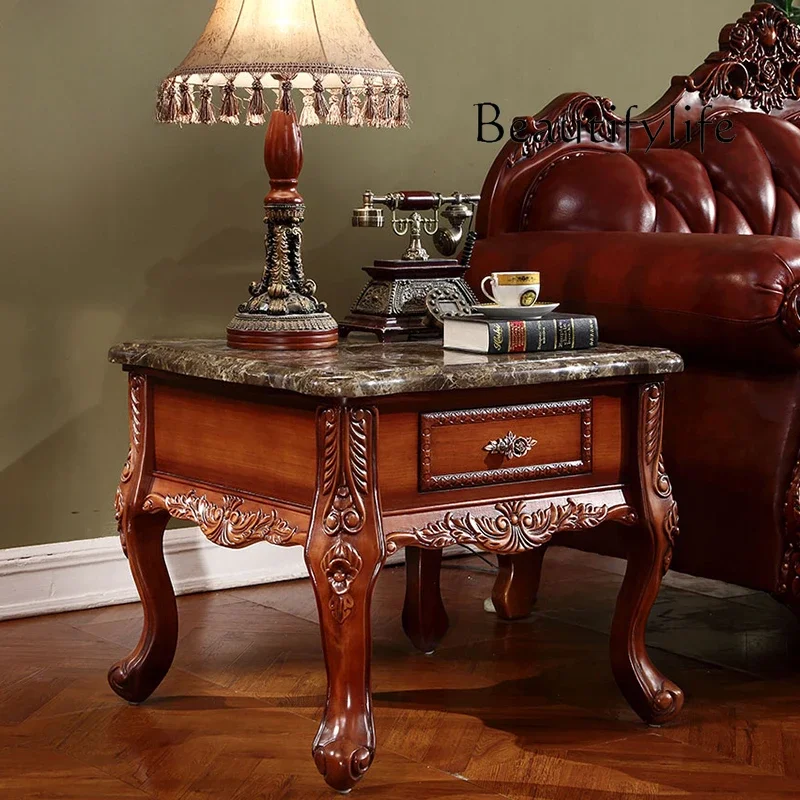 

European Entry Lux Wood Carving Sofa Side Table American Retro Corner Table Modern Classical Bedside Square Table