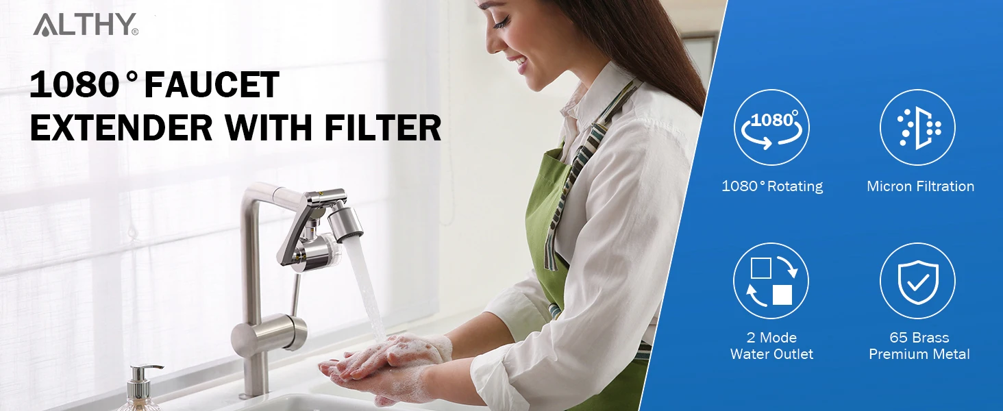 ALTHY Wasserhahn-Verlängerungs-Wasserfilter, Spüle, spritzwassergeschützt 1080° ° Rotierender Wasserhahnbelüfter, reduziert Blei-Chlorgeruch, 2 Wassersprühmodi – Detail 1
