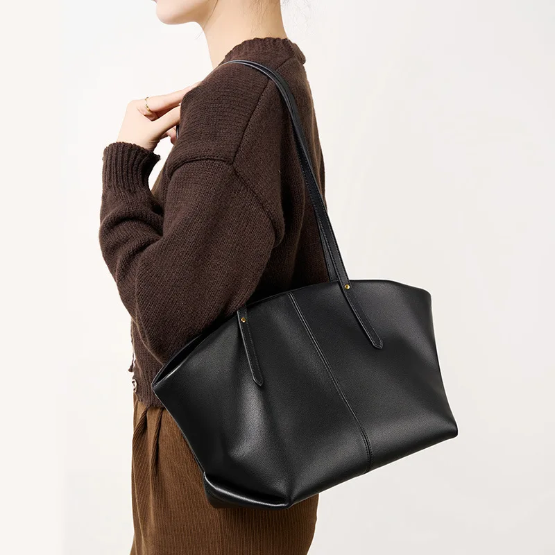 

New Fashion Casual Women Cow Leather Shoulder Bag Large Capacity Genuine Leather Tote Bag Lady Daily Commuter Versatile Handbag